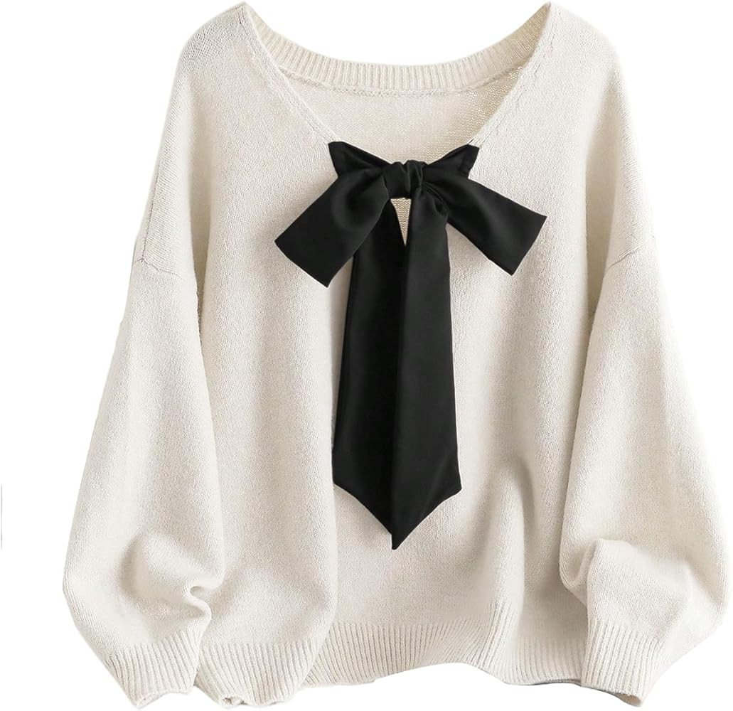 SOLY HUX Women's Plus Size Sweaters Pullover Bowknot V Neck Long Sleeve Knit Tops Fall Clothes | Amazon (US)