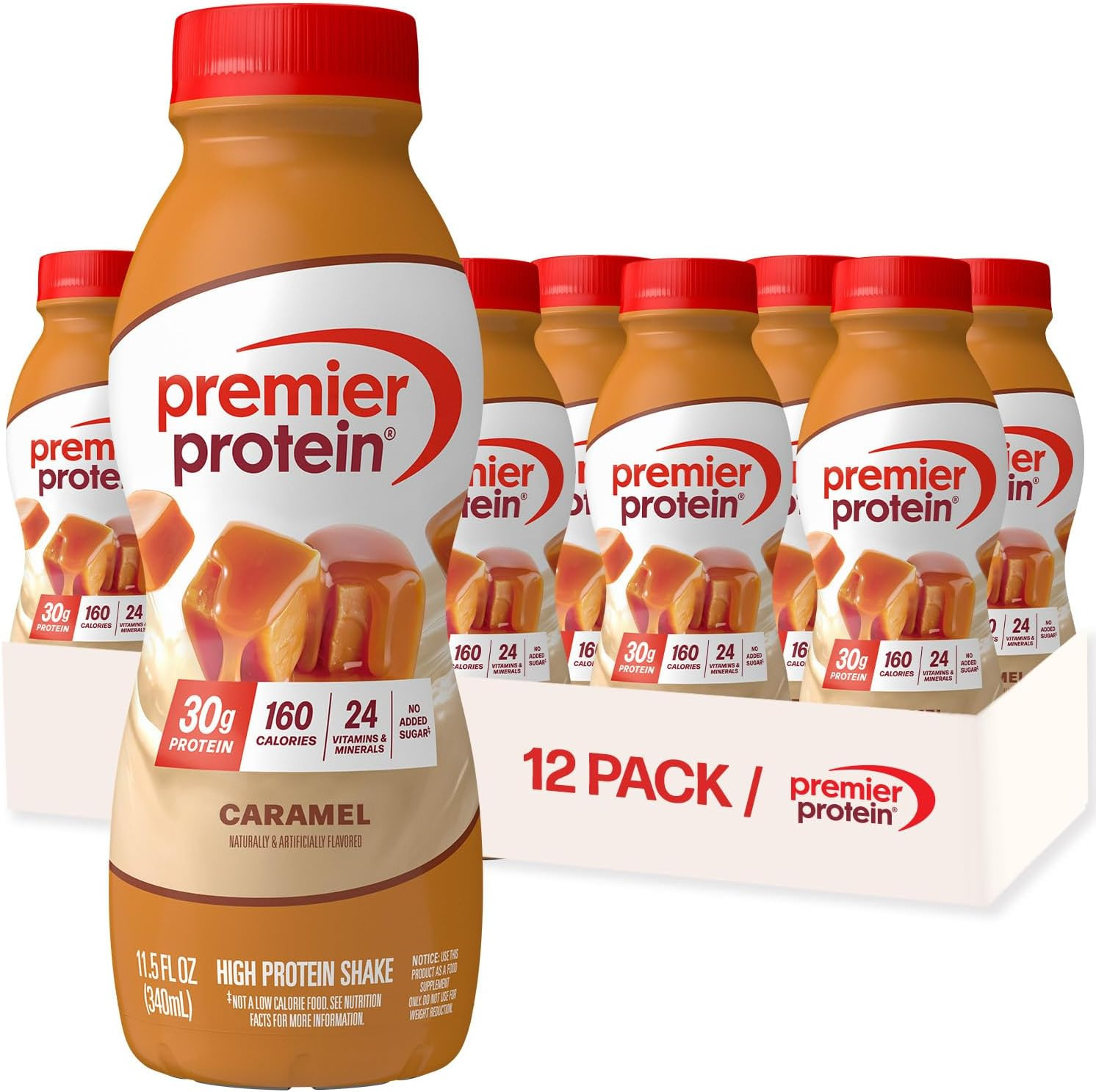 Premier Protein Liquid Protein Shake, Caramel, 30g Protein, 1g Sugar, 24 Vitamins & Minerals, Nutrients to Support Immune Health 11.5 fl oz Bottle (12 Pack) | Amazon (US)