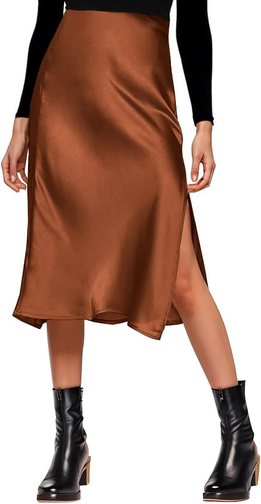 Amy Babe Womens Satin Silk High Waist Slit Midi Skirt Long Skirts for Women | Amazon (US)