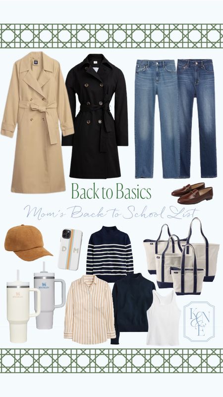 Back to School for Mom: Fall transitional basics for the morning out the door, errands, school drop off, and school game. Most on sale now. Great stile basics for your wardrobe. Trench coat, black trench coat, 90’s straight jeans, slim straight jeans, tall jeans for women, Stanley cups, Stanley tumbler, canvas tote bags, boat totes, horse bit loafers, rollneck sweater, striped sweater, suede ball cap, monogrammed phone case, tan and white striped shirt

#LTKunder100 #LTKsalealert #LTKBacktoSchool