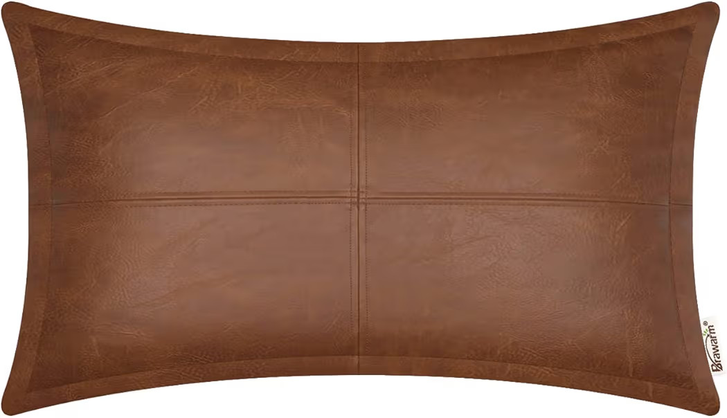 BRAWARM Brown Leather Throw Pillow 12 X 20 Inches, Faux Leather Pillow Cover with Piping, Hand St... | Amazon (US)