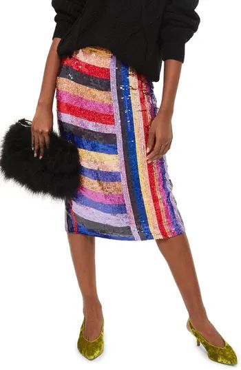 Women's Topshop Premium Rainbow Sequin Midi Skirt, Size 6 US (fits like 2-4) - Blue | Nordstrom