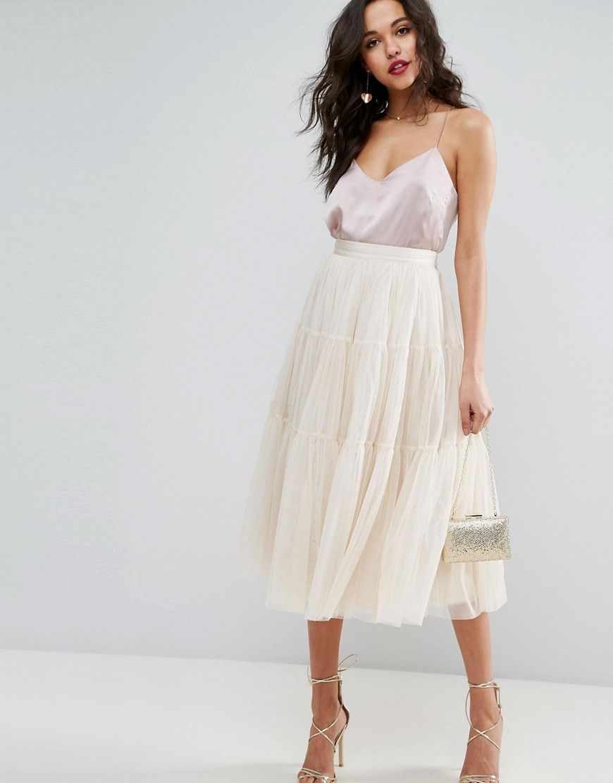 ASOS Tiered Tulle Prom Skirt with High Waisted Detail - Beige | ASOS US