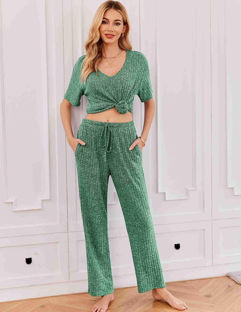 Ekouaer Womens Ribbed Knit Lounge Set Short Sleeve Top and Long Pants Sleepwear Pajama Set Two Pi... | Amazon (US)