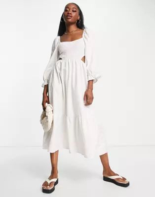 New Look puff sleeve midi dress with cut out detail in white | ASOS (Global)