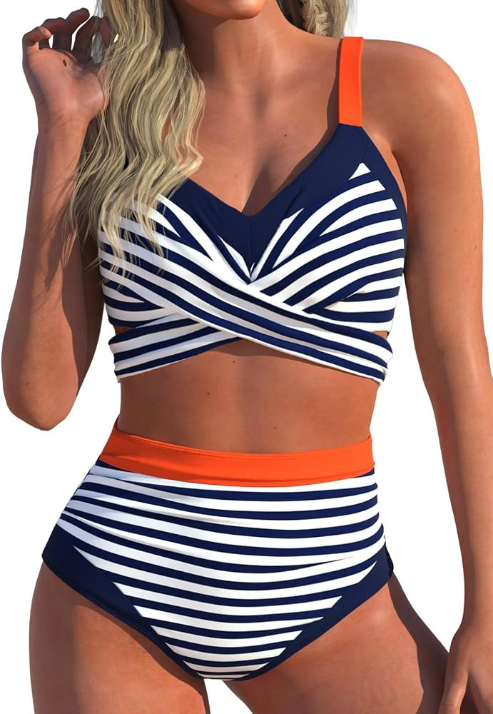 Criss Cross Bikini Sets for Women, Ruched Two Piece Bathing Suits, V Neck Bikini Top with High Wa... | Amazon (US)