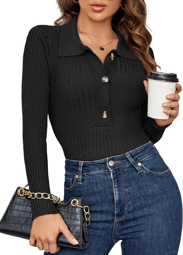 Blooming Jelly Women's Pullover Sweater Knit Long-Sleeve V-Neck Collared Button-Up Tops | Amazon (US)