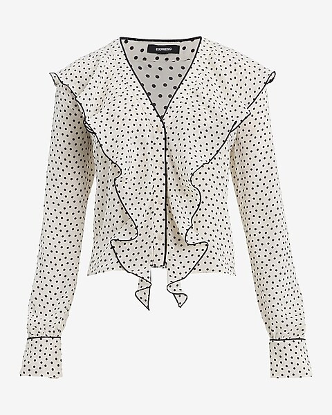 Polka Dot Ruffle Front Long Sleeve Top | Express