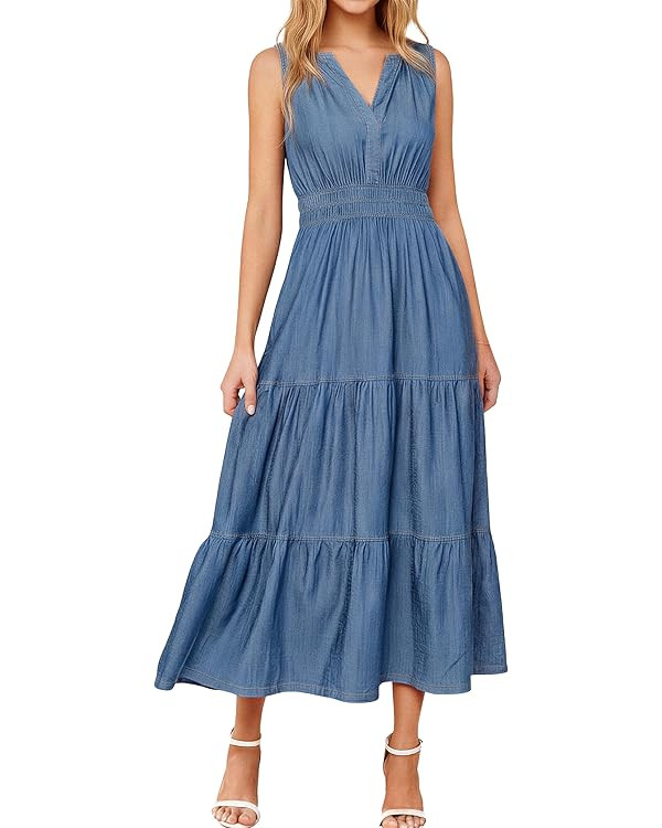 BerryGo Womens Denim Dress Sleeveless Jean Maxi Dress Empire Waist Flowy A Line Cowgirl Country S... | Amazon (US)