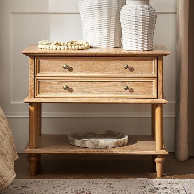 HULALA HOME Farmhouse Nightstand with Drawer & Open Shelf, Natural Wood End Table with Solid Wood... | Amazon (US)