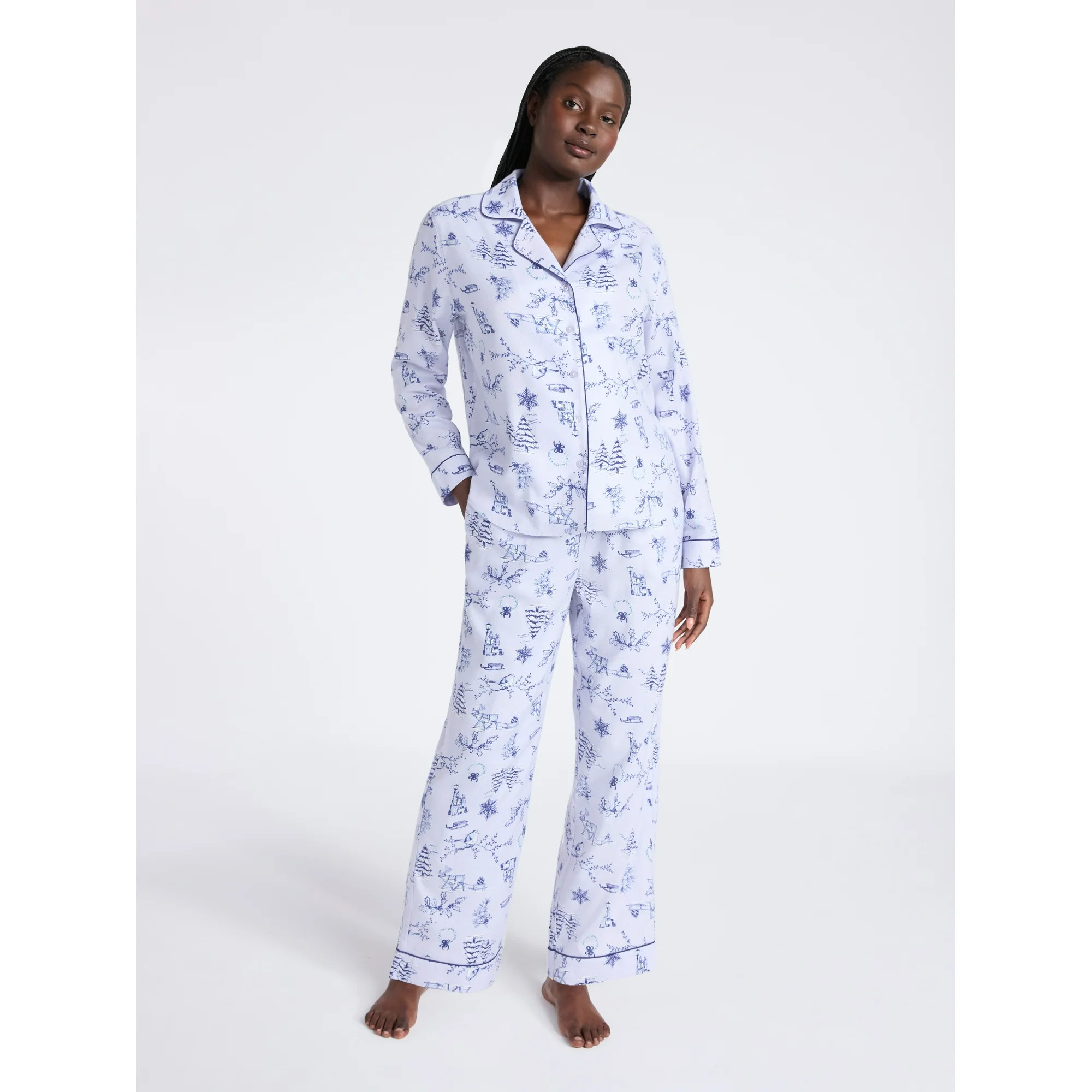 Joyspun Women's Long Sleeve Flannel Sleep Top and Pants Pajama Set, 2-Piece, Sizes XS-3X | Walmart (US)