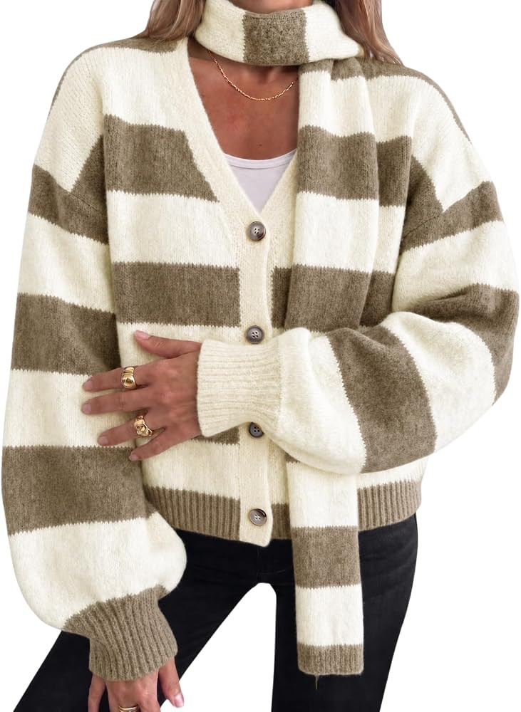 Tankaneo Womens Striped Cardigan Sweaters Long Sleeve Loose Knit Cardigans | Amazon (US)