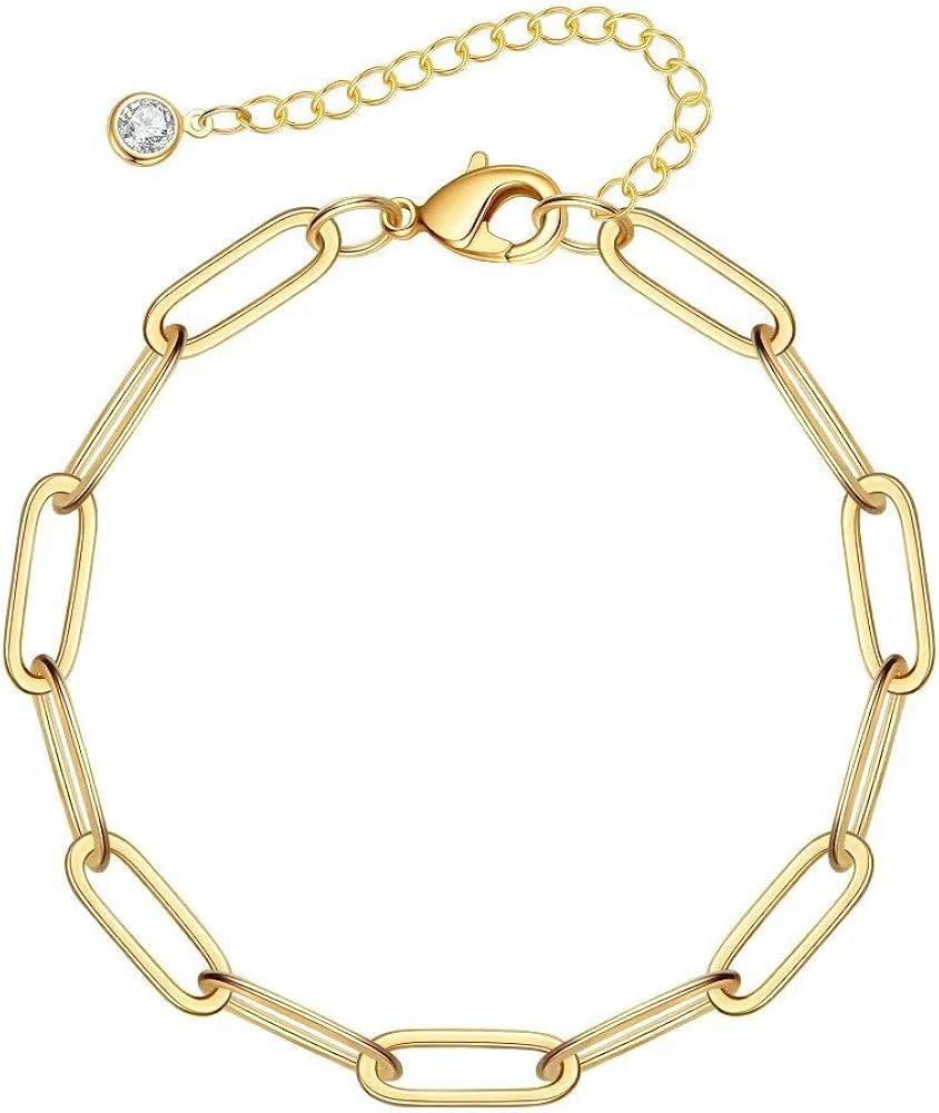 IEFSHINY Gold Paperclip Link Chain Necklace Bracelet Anklet, 14K Gold Plated Dainty Oval Link Cha... | Amazon (US)