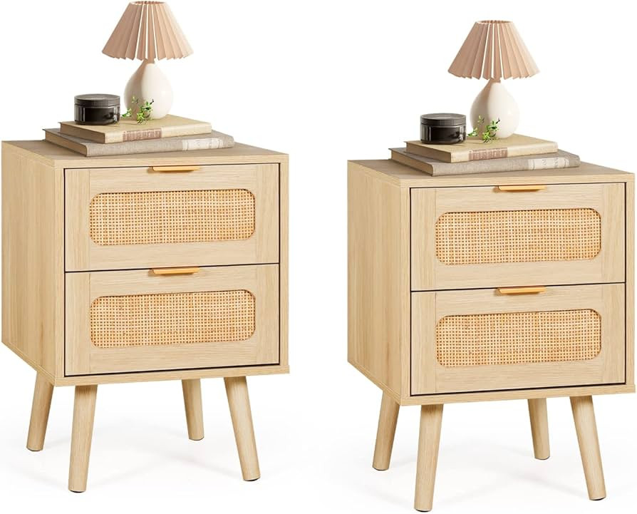 LAZZO Set of 2 Nightstands Wooden Night Stands with Rattan Drawers Home Bedside End Table for Bed... | Amazon (US)