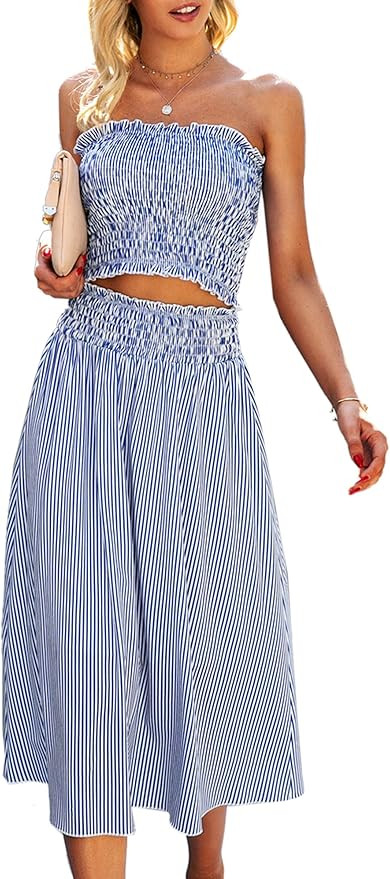 Angashion Women's Floral Crop Top Maxi Skirts Set 2 Piece Outfit Dress | Amazon (US)