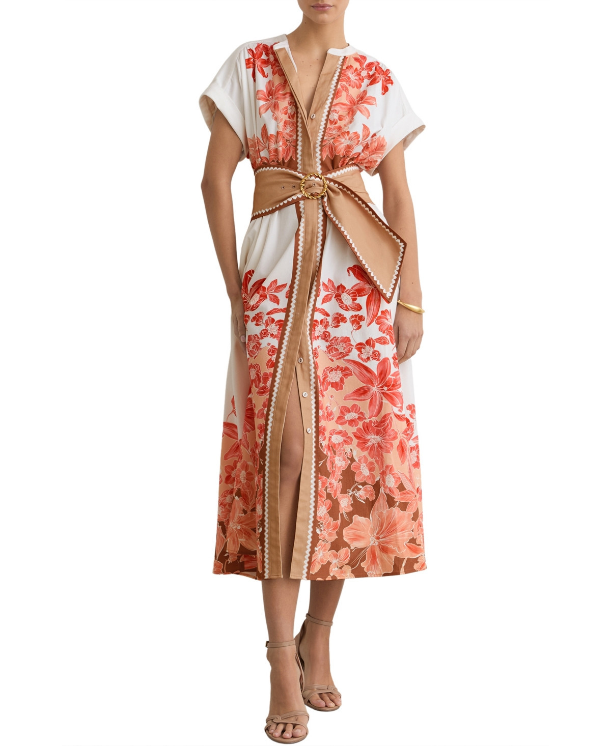 Reiss Women's Cotton Floral Belted with Stretch Midi Dress - Pink, Ivory | Macy's