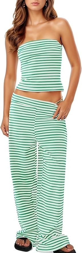 Women's Striped Two Piece Sets Cropped Tube Top and Wide Leg Pants Lounge Matching set with Pocke... | Amazon (US)