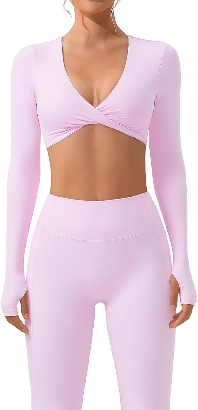 SUUKSESS Women 2 Piece Workout Sets Long Sleeve Twist Deep V Crop Padded Tops Yoga Leggings with ... | Amazon (US)