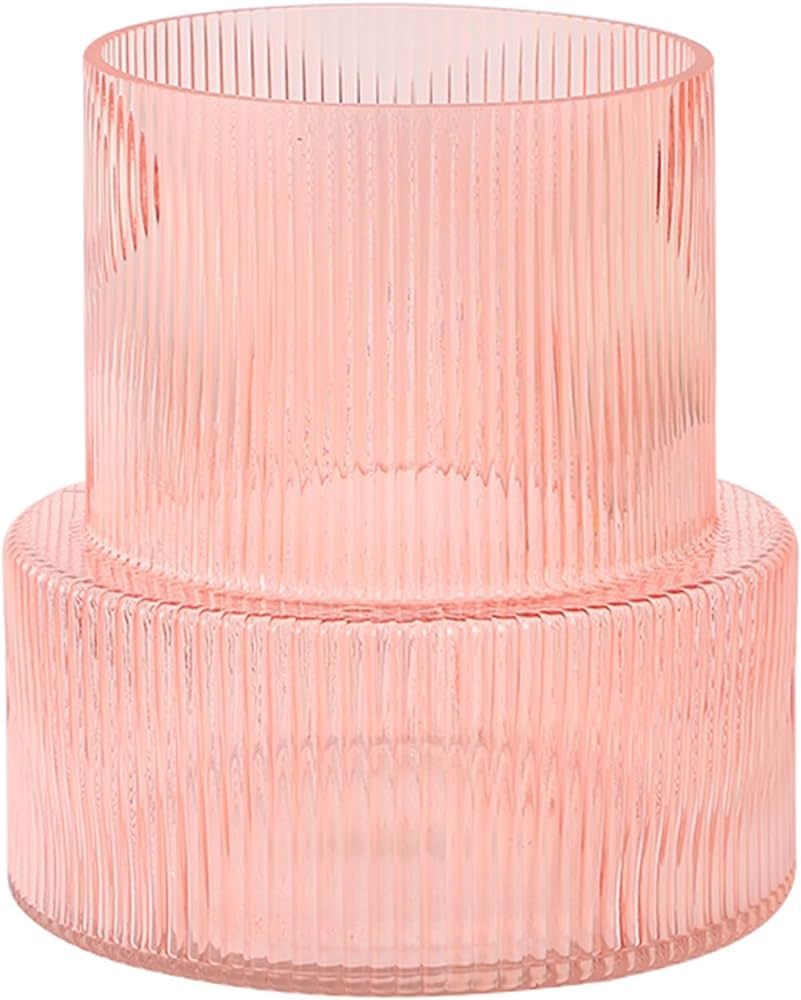 YANWE1 Pink Glass Vase, Ribbed Glass Vase, Flower Vase, Fluted Glass Vase for Flowers, Modern Vas... | Amazon (US)