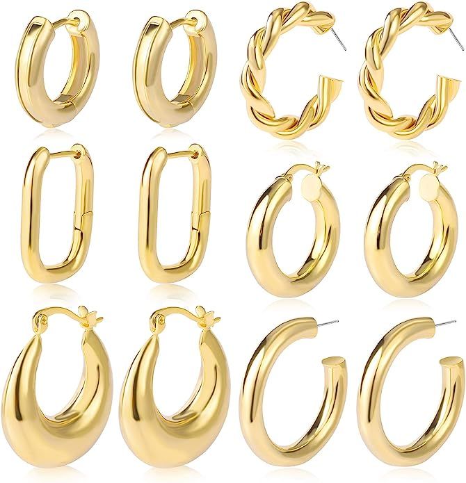 6 Pairs Gold Chunky Hoop Earrings Set for Women Hypoallergenic Thick Open Twisted Huggie Hoop Jew... | Amazon (US)