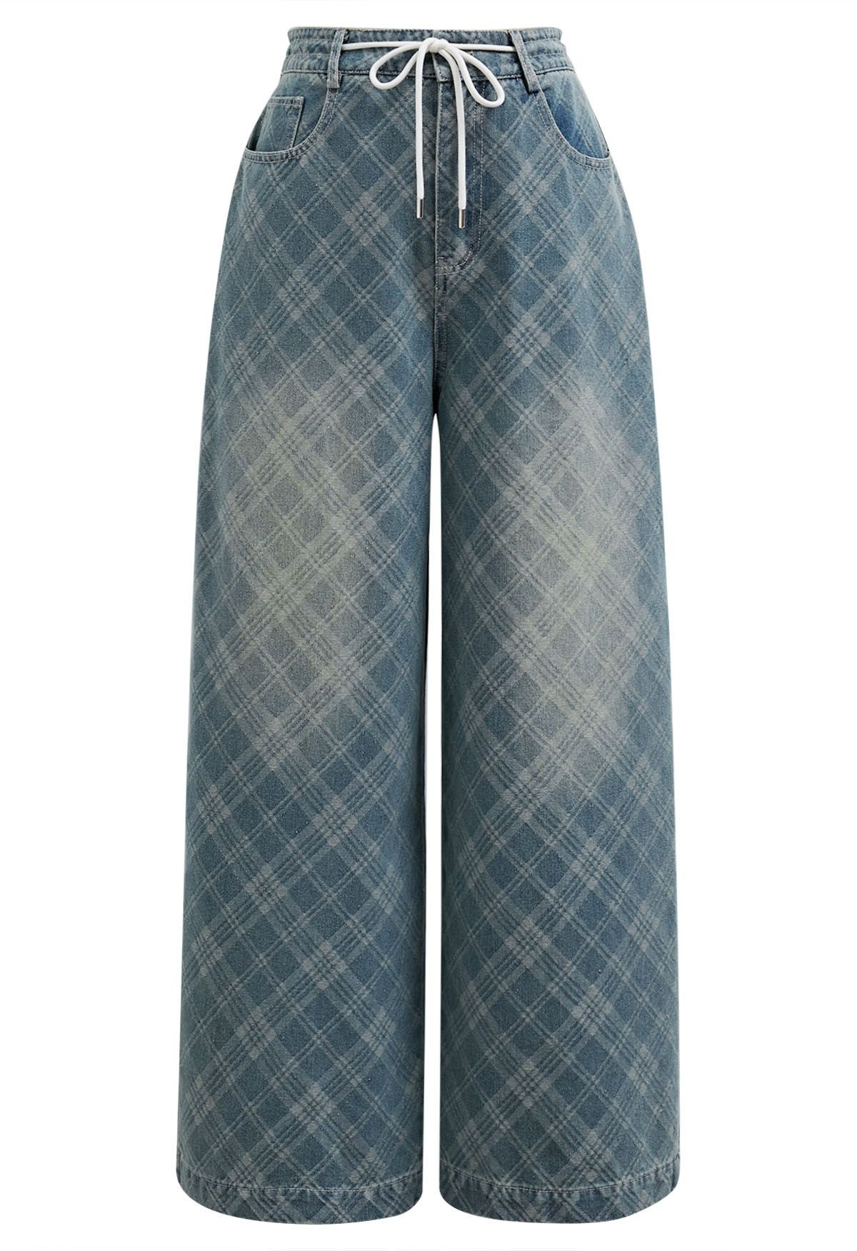 Laid-Back Plaid Drawstring Wide-Leg Jeans | Chicwish