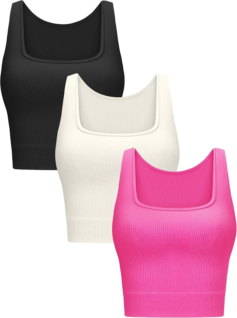 VVX Women's 3 Piece Ribbed Crop Tank Tops - Square Neck Seamless Workout Cropped Top Yoga Tanks f... | Amazon (US)