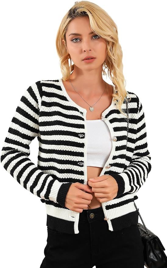 Women's Black and White Striped Cardigan Sweater Breasted Knitted Cardigan Tops | Amazon (US)