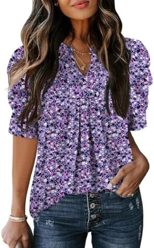 Bashafo Women's Puff Short Sleeve Shirt V Neck Summer Tops Casual Fashion T Shirts Loose Fit Blou... | Amazon (US)