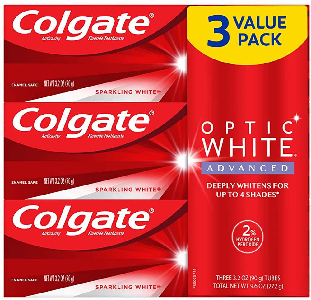 Colgate Optic White Advanced Teeth Whitening Toothpaste, 2% Hydrogen Peroxide Toothpaste, Sparkli... | Amazon (US)