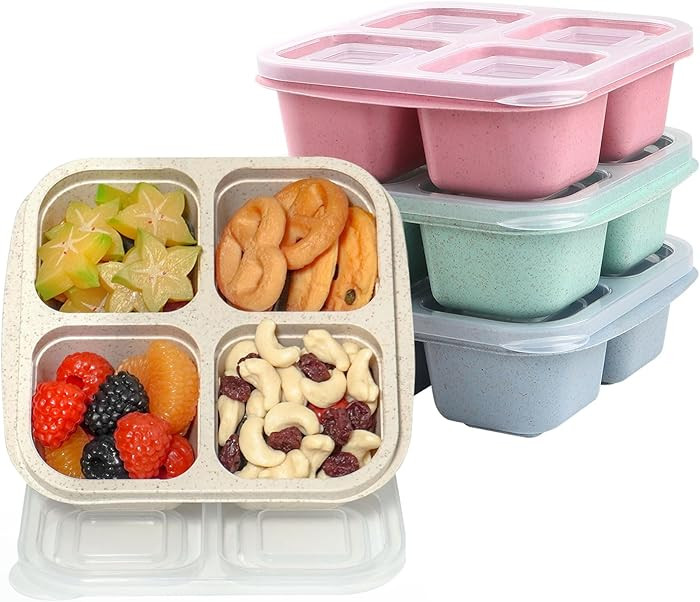 LCHLZZ 4 Pack Snack Containers, Divided Bento Snack Box, 4 Compartments Reusable Meal Prep Lunch ... | Amazon (US)