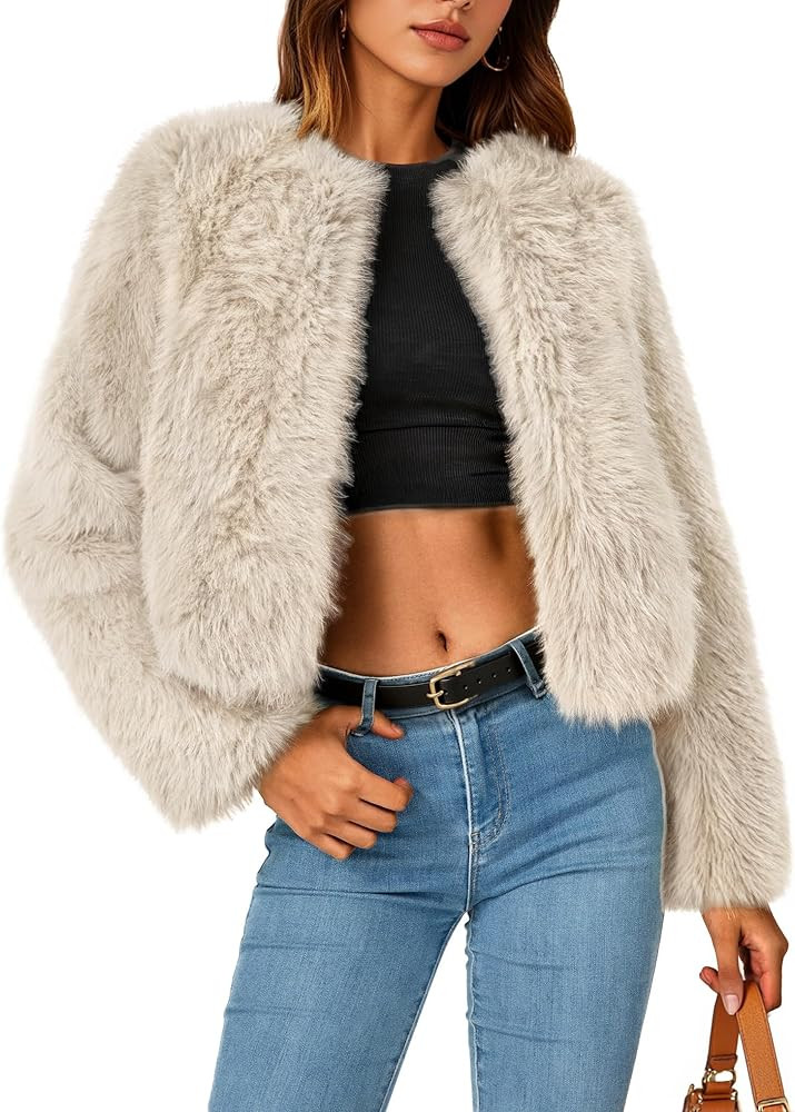 ZESICA Women's 2025 Winter Faux Fur Coats Fluffy Cropped Jacket Long Sleeve Shaggy Outerwear Fall... | Amazon (US)