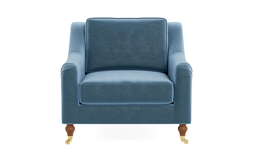 Alexander Custom Accent Chair in French Performance Plush Velvet, Oiled Walnut with Brass Caster - Customize Color, Size & More | Interior Define