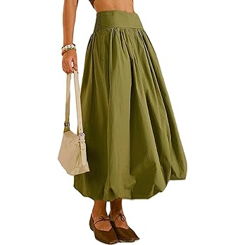 Women's Bubble Long Skirt Elastic Waist A-Line Pleated Ruffle Flowy Balloon Maxi Skirts with Pock... | Amazon (US)