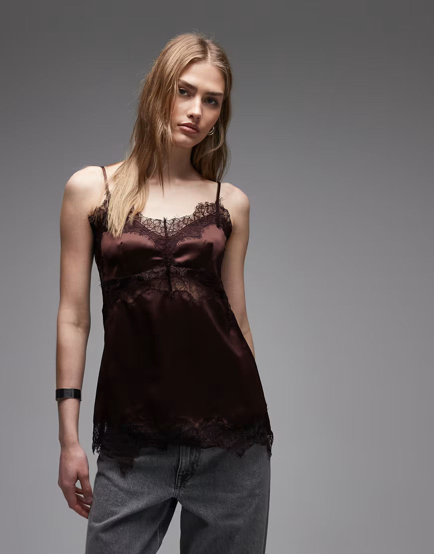 ASOS DESIGN lace trim long line satin cami top in brown | ASOS (Global)