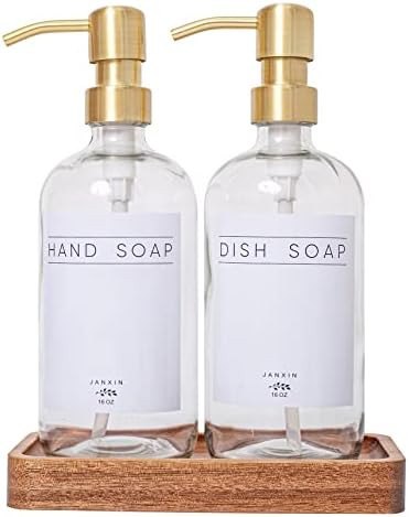 Janxin Clear Glass Soap Dispenser with Stainless Steel Pump and Wood Tray,Hand Soap Dispenser, Kitch | Amazon (US)