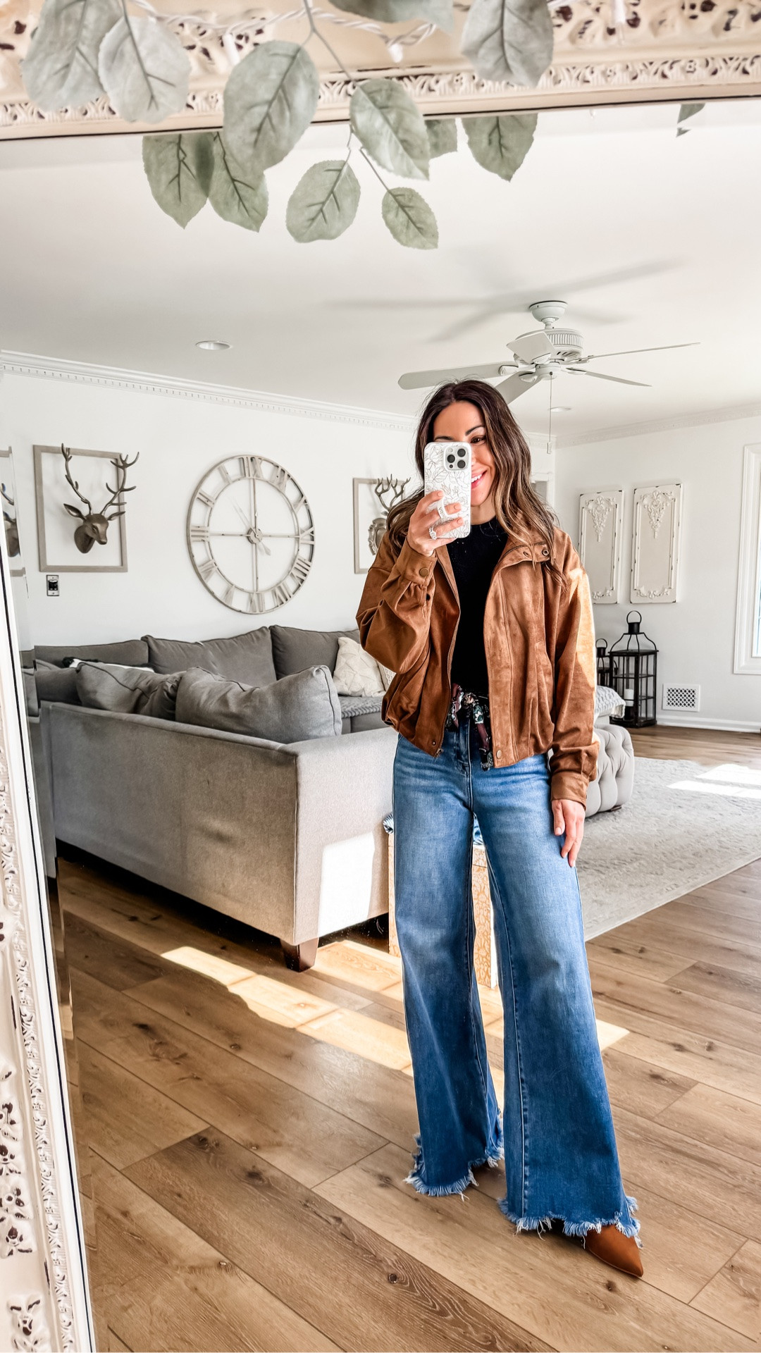 Suede jacket XS. Sweater small. Wide leg jeans 25. Date night outfit.

#LTKOver40 #LTKPetite
