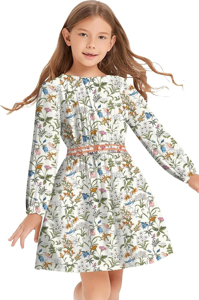 Girls Floral Smocked Waist Dress Church Holiday Playwear Soft Midi Dress with Pockets | Amazon (US)
