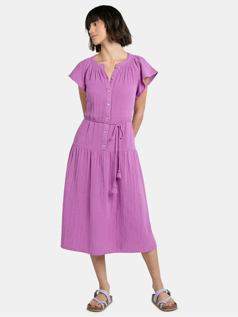 Time and Tru Women's Double Cloth Cotton Midi Dress, Sizes XS-XXXL | Walmart (US)
