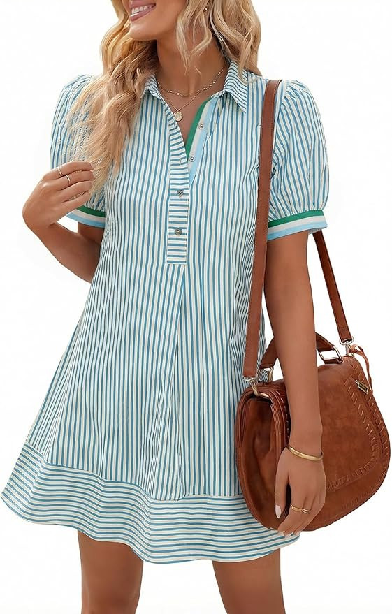 Wenrine Womens Summer Striped Mini Dresses Puff Short Sleeve Loose Fit Casual Button Collared Shi... | Amazon (US)