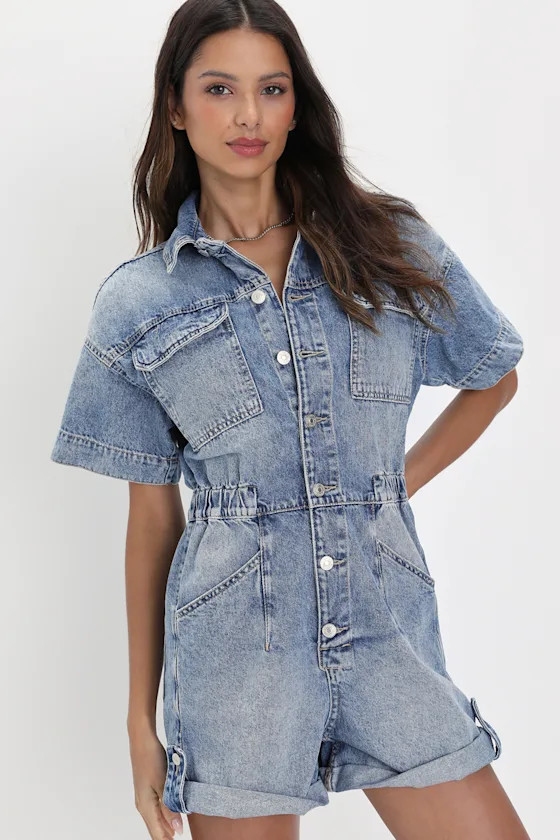 Marci Cuffed Shortall Button-Front Light Wash Denim Romper | Lulus (US)