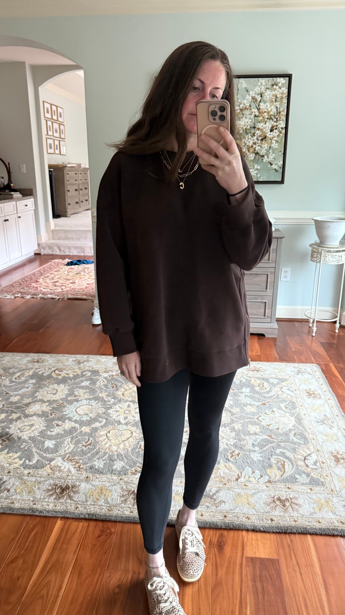 Casual comfy warm brown black outfit for Friday errands. Mom look on repeat. Stacked gold necklaces. Sneakers are old target but tagged similar shoes  

#LTKActive #LTKTravel #LTKSeasonal