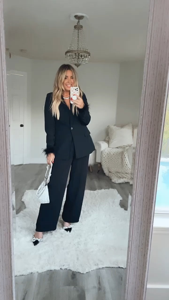 Blazer suit fits TTS. Wearing medium in blazer. Pants sized up to a large. Suit. Wedding guest dress. Fall wedding guest. Fall fashion. Feather. Workwear. Holiday party outfit. Christmas party outfit 

#LTKGiftGuide #LTKHolidaySale #LTKHoliday