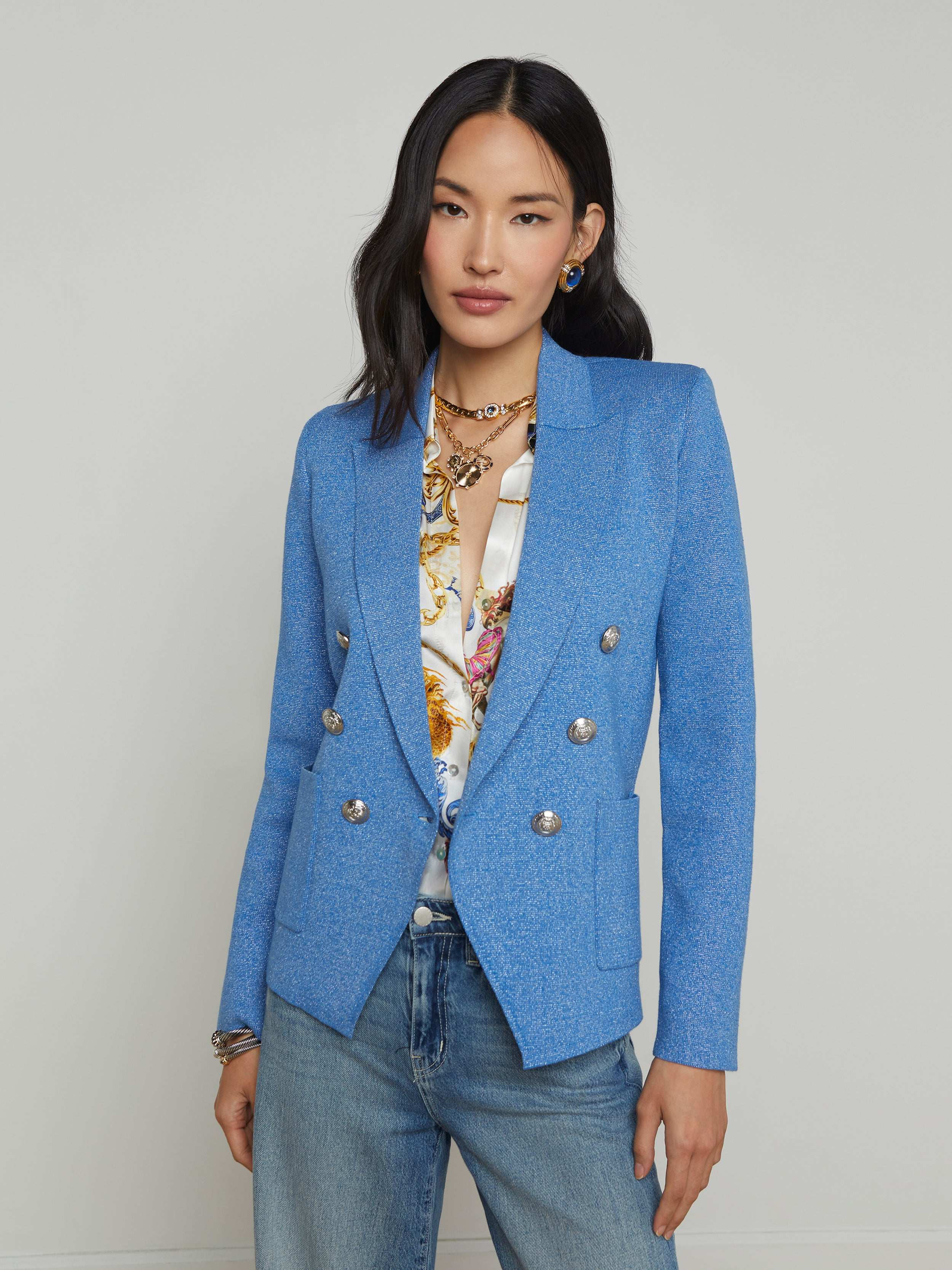 L'AGENCE - Kenzie Metallic Knit Blazer in Harbor Blue/Silver | L'Agence