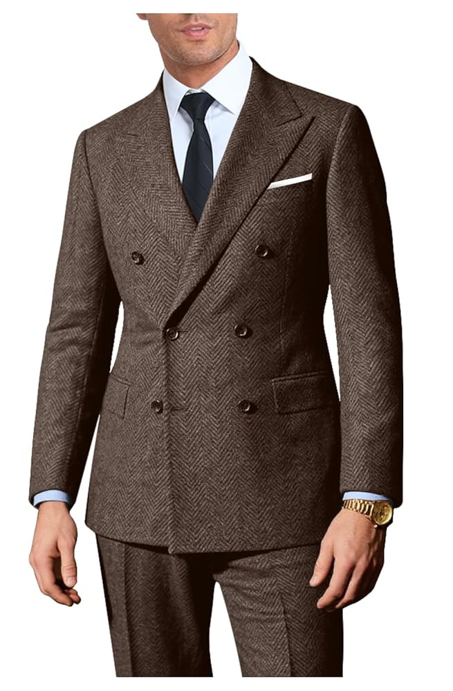 Retro 2 Pieces Suit Men Slim Fit Formal Double Breasted Tweed Herringbone Men Suit Jacket Pants S... | Amazon (US)