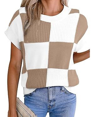 EVALESS Short Sleeve Sweater for Women Crewneck Color Block Knit Tops 2026 Summer Trendy Cap Slee... | Amazon (US)