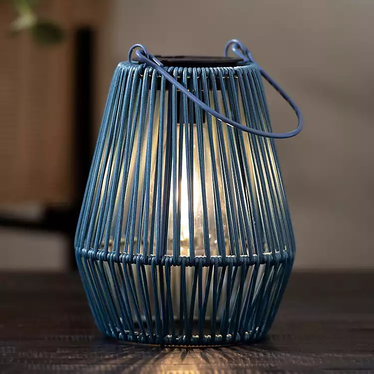 Blue Faux Rattan Hanging Solar Lantern | Kirklands
