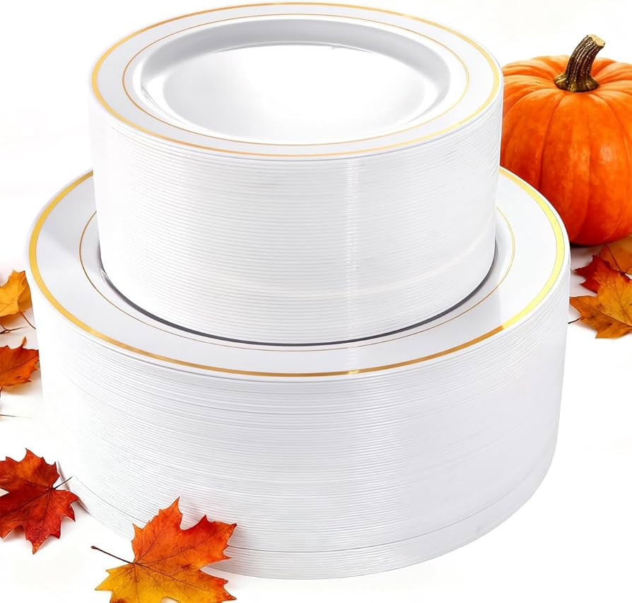 I00000 102 Pieces Gold Plastic Plates, Disposable Party Plates White Gold Rim, 51 Disposable Gold... | Amazon (US)