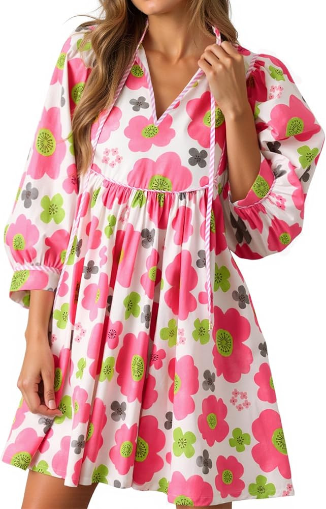 Cicy Bell Womens Floral Mini Dresses 3/4 Balloon Sleeve V Neck Flowy Babydoll Dress Summer Beach ... | Amazon (US)