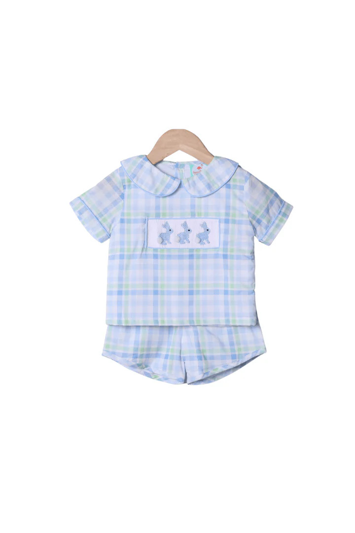 Smocked Bunny Blue and Green Plaid Short Set | The Smocked Flamingo
