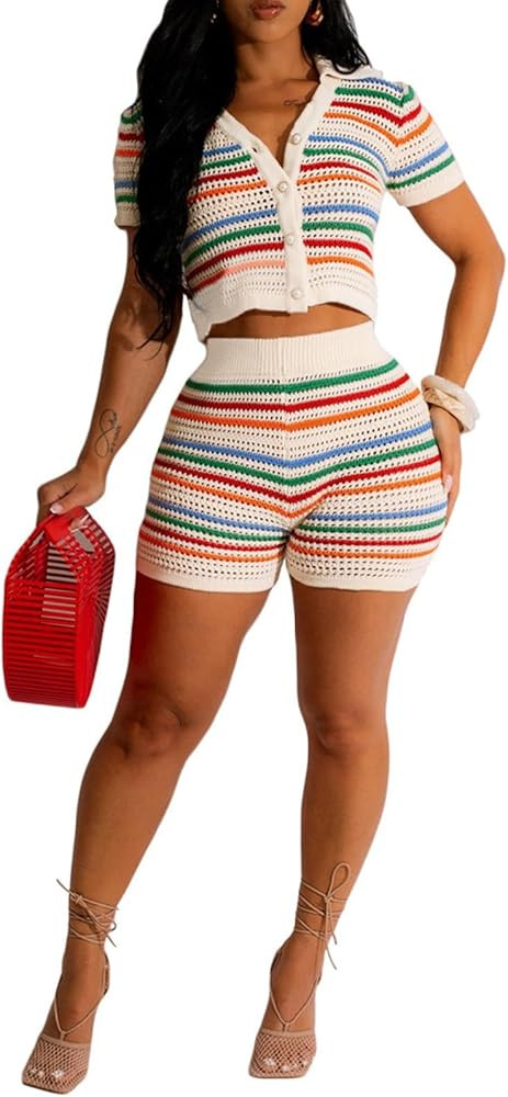 Women 2 Piece Sets Summer Outfits Crochet Button Down Shirts Hollow Out See Through Color Block T... | Amazon (US)